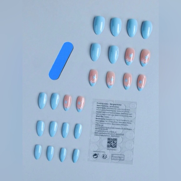 24pcs Long Almond Blue French Floral Print Press On Nail Set❤️ - Picture 3 of 5